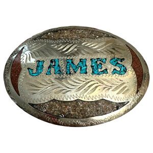Vintage Oval Western Turquoise Inlay Silver Tone Belt Buckle James
